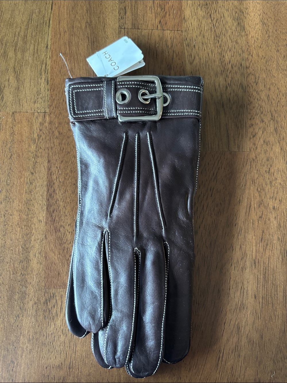 Coach Dark Brown Leather Women's Gloves with Buckle Detail